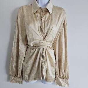 Myrah Penaloza Shirt Womens One Size Silk Tie Front Wrap Button Down Art Luxury